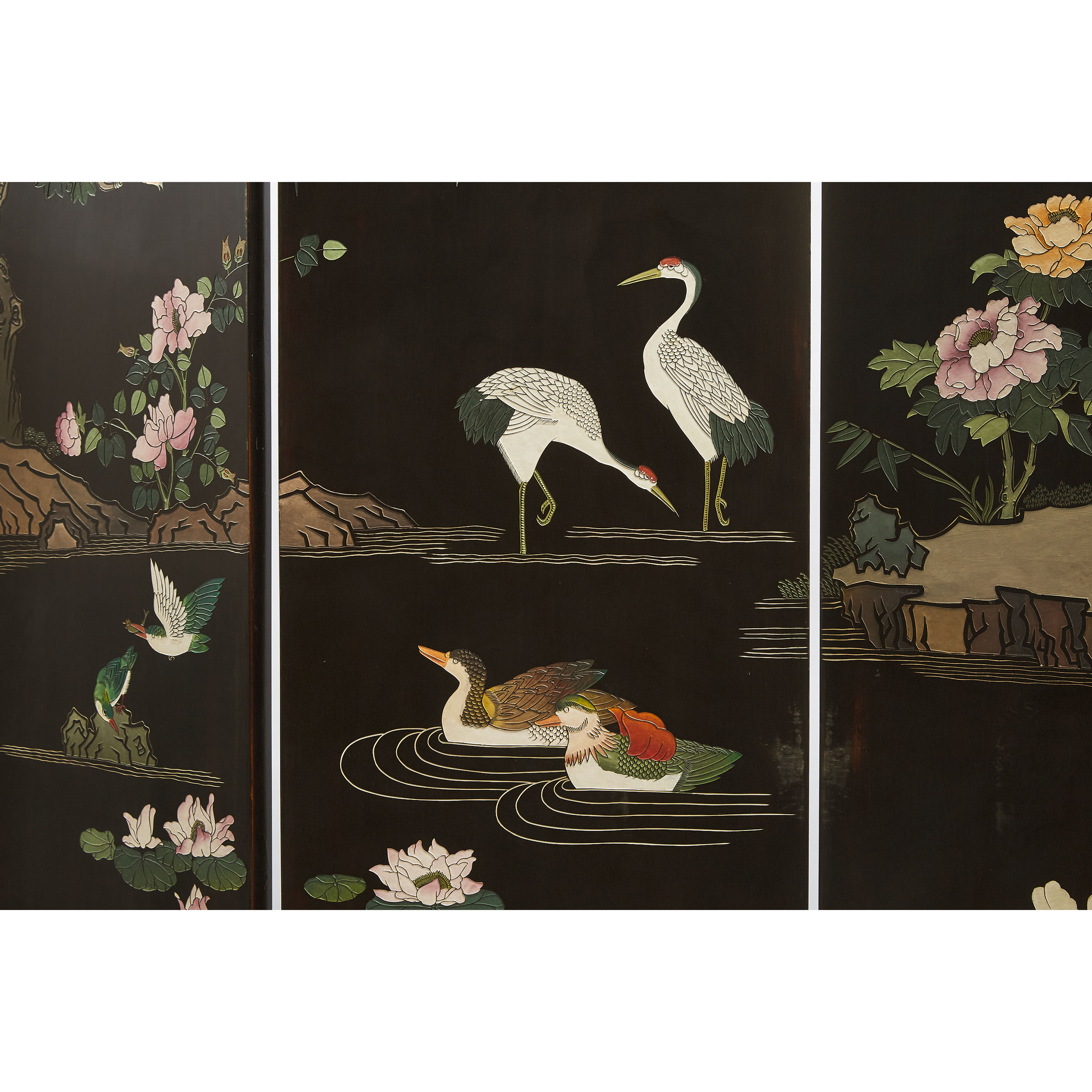 A Chinese Four-Panel 'Lotus Pond' Screen, 20th Century