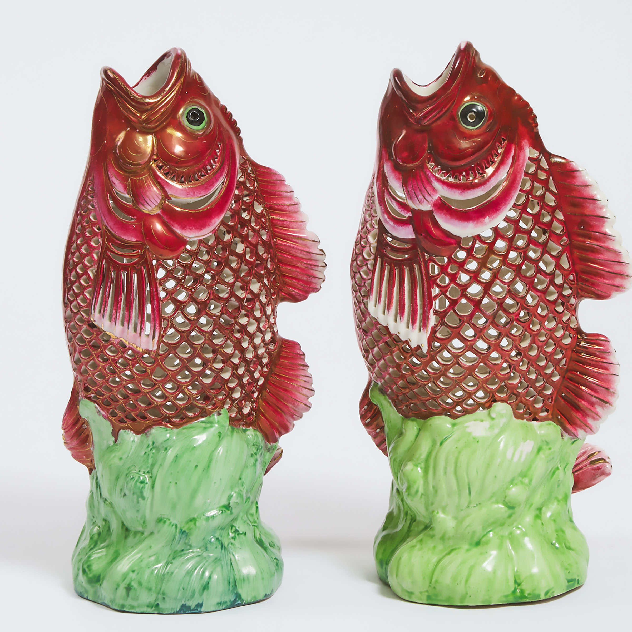 A Pair of Chinese Famille Rose and Gilt Carp-Form Vases, Mid 20th Century