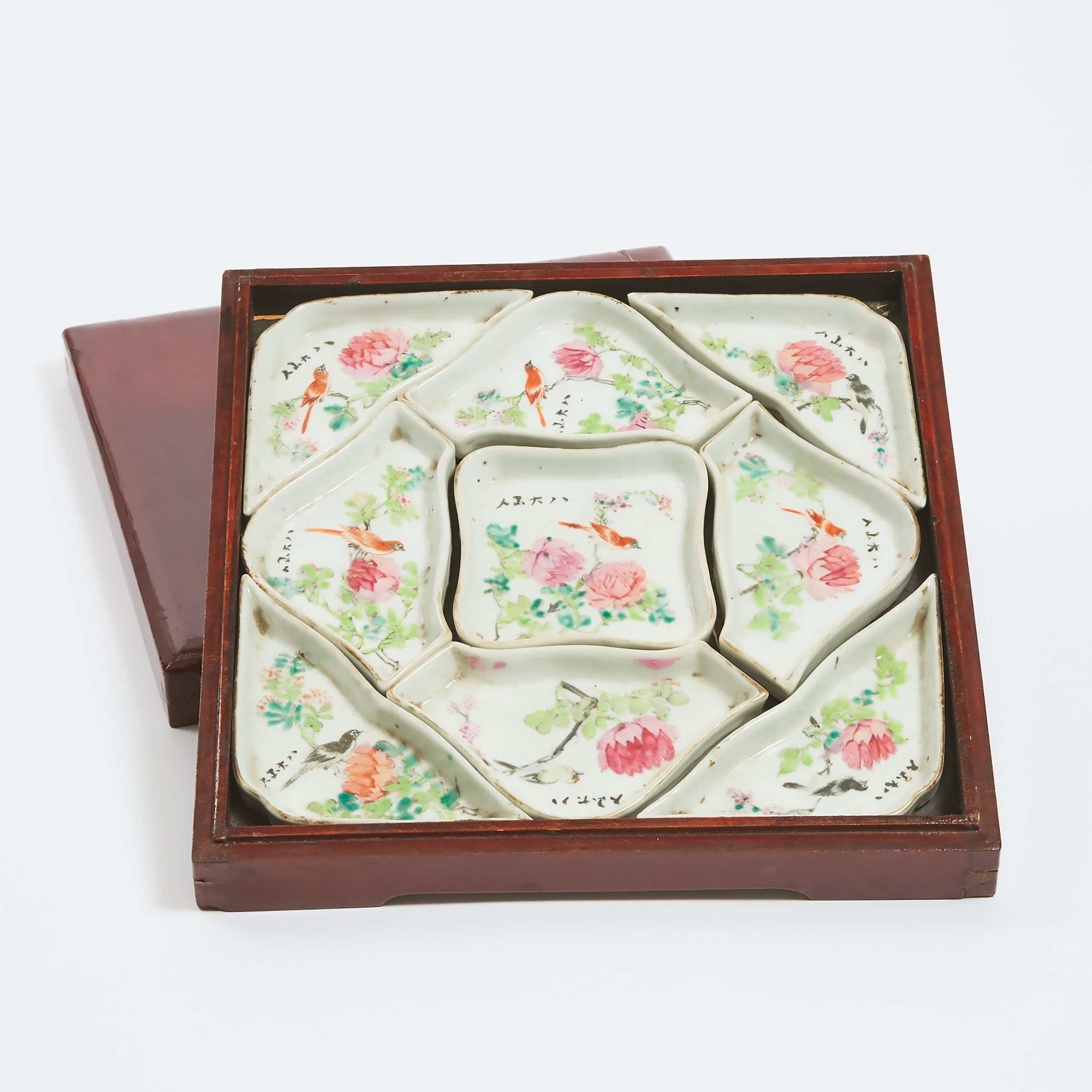 A Set of Nine Famille Rose 'Birds and Flowers' Sweetmeat Dishes, Together With a Box and Cover, Republican Period
