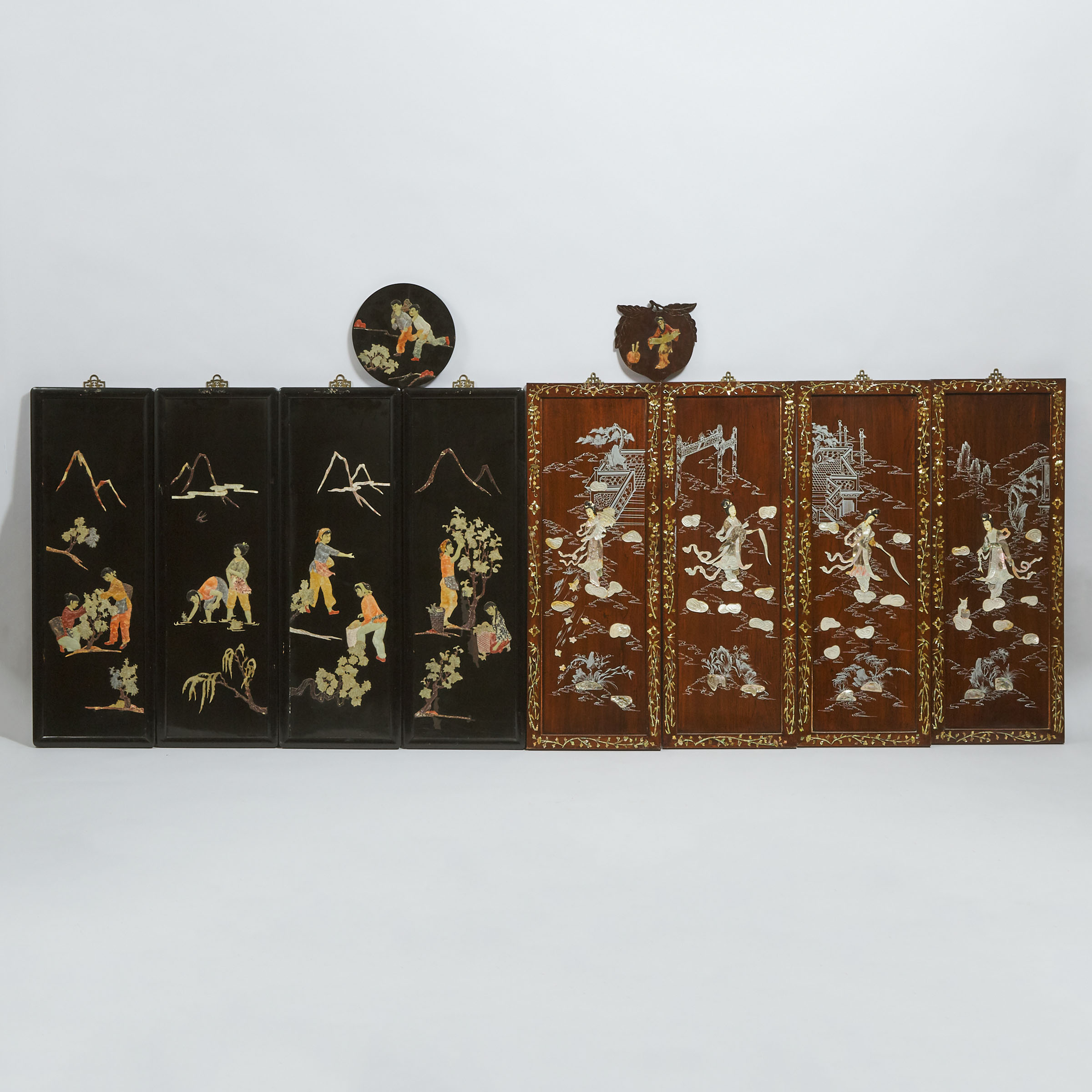 Two Sets of Four Chinese Mother-of-Pearl and Soapstone Inlaid Hanging Panels, Together With Two Plaques, Mid 20th Century