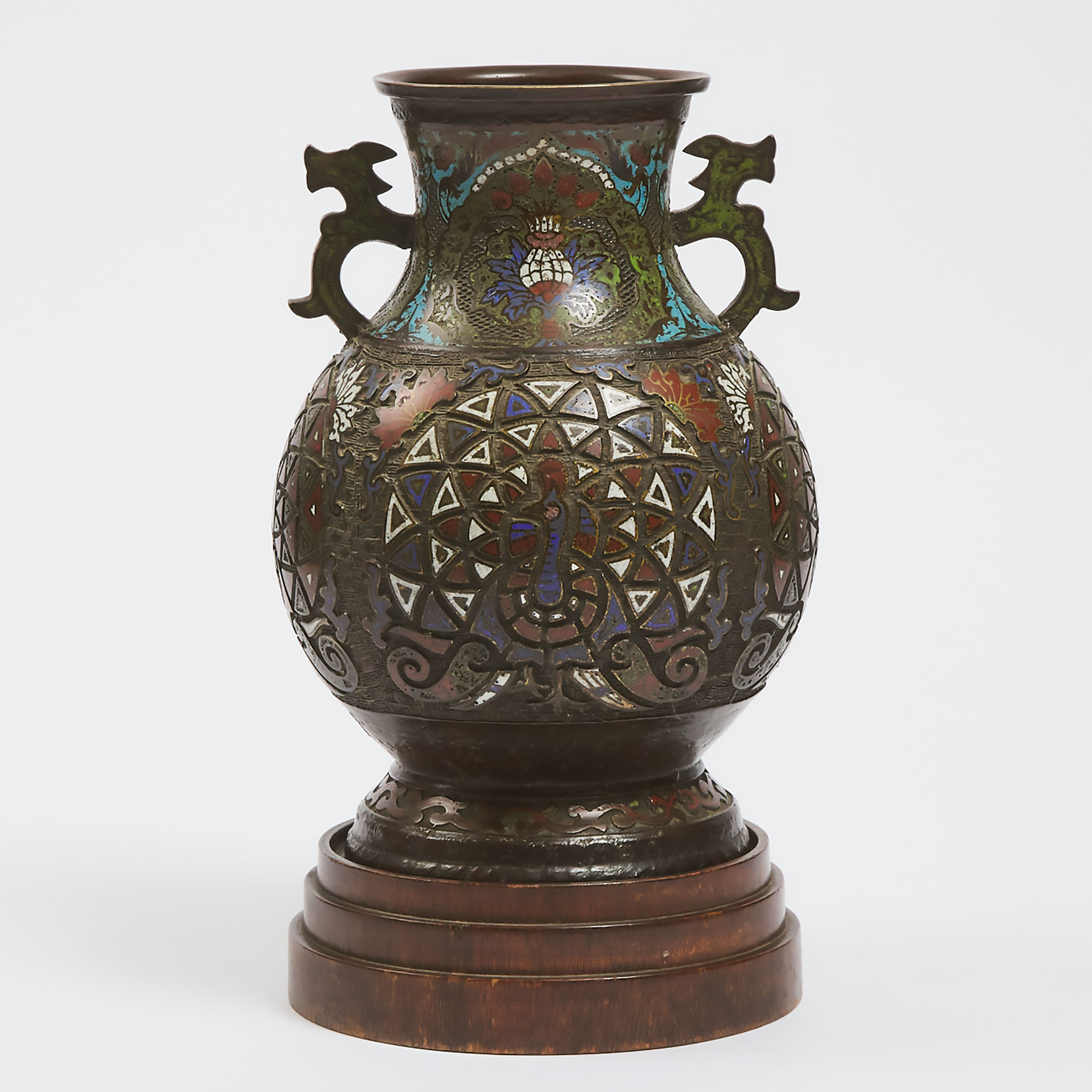 A Champlevé Enamel 'Peacock' Vase