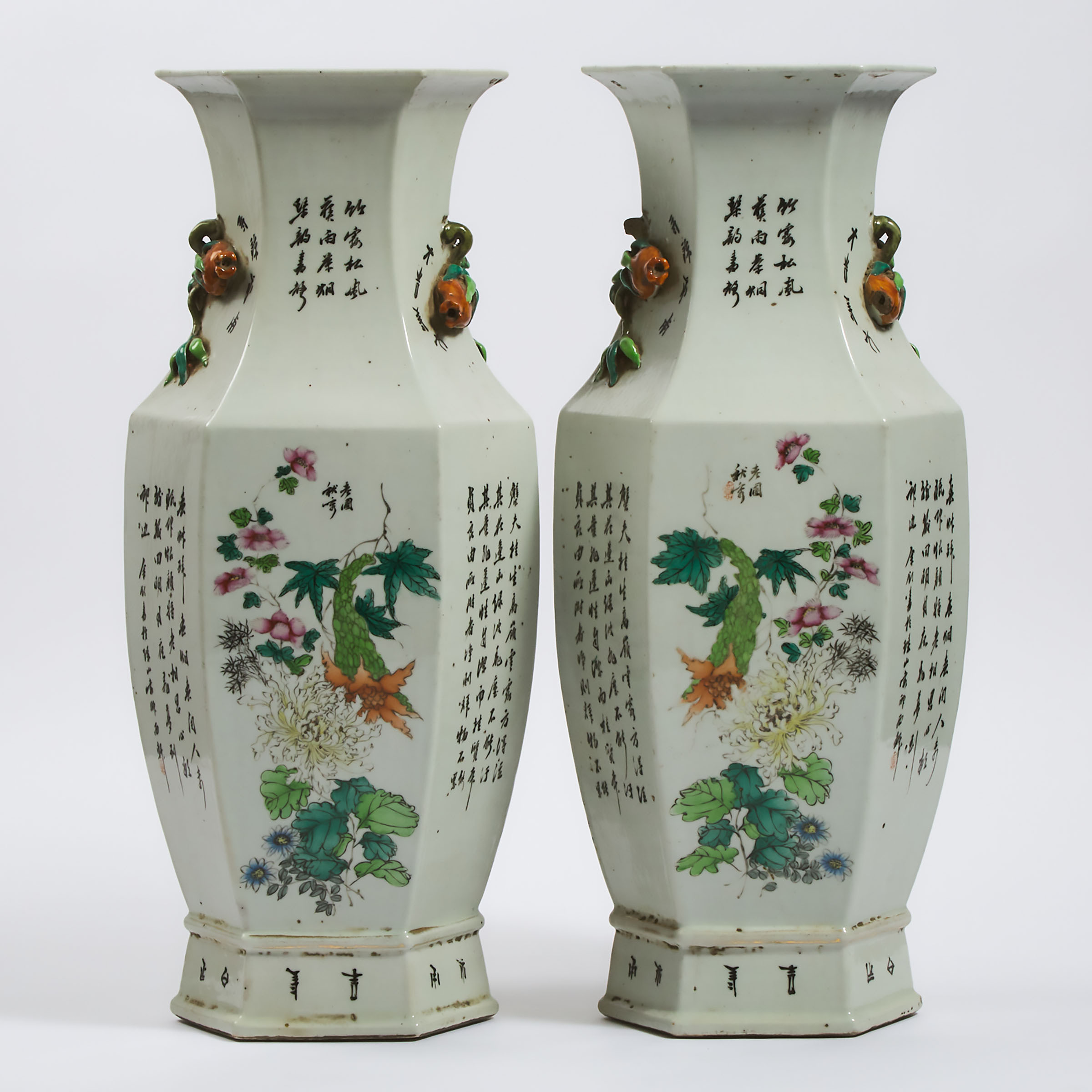 A Pair of Large Famille Rose Hexagonal Vases, Republican Period