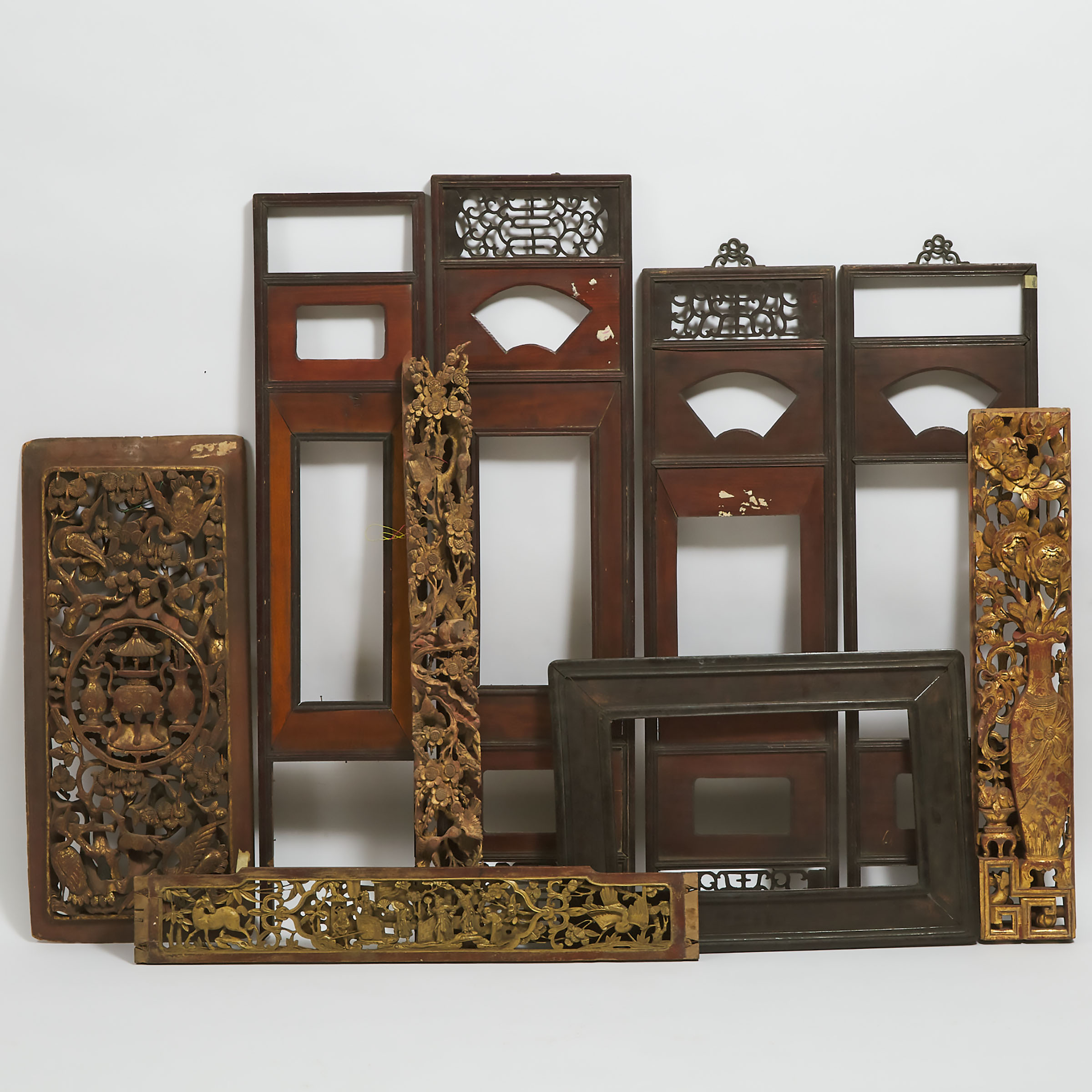 A Group of Nine Chinese Wood Temple Carvings and Frames, 19th/20th Century