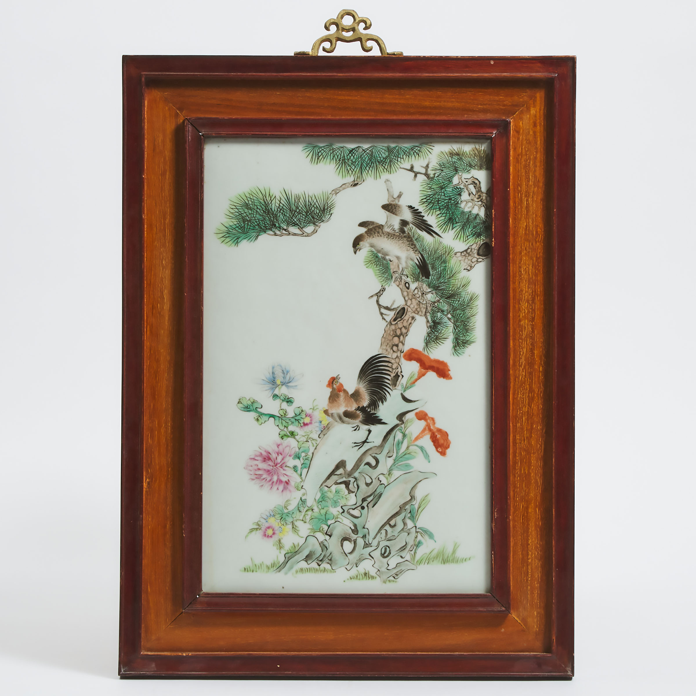 A Famille Rose Porcelain Plaque of a Rooster and a Hawk, Early to Mid 20th Century
