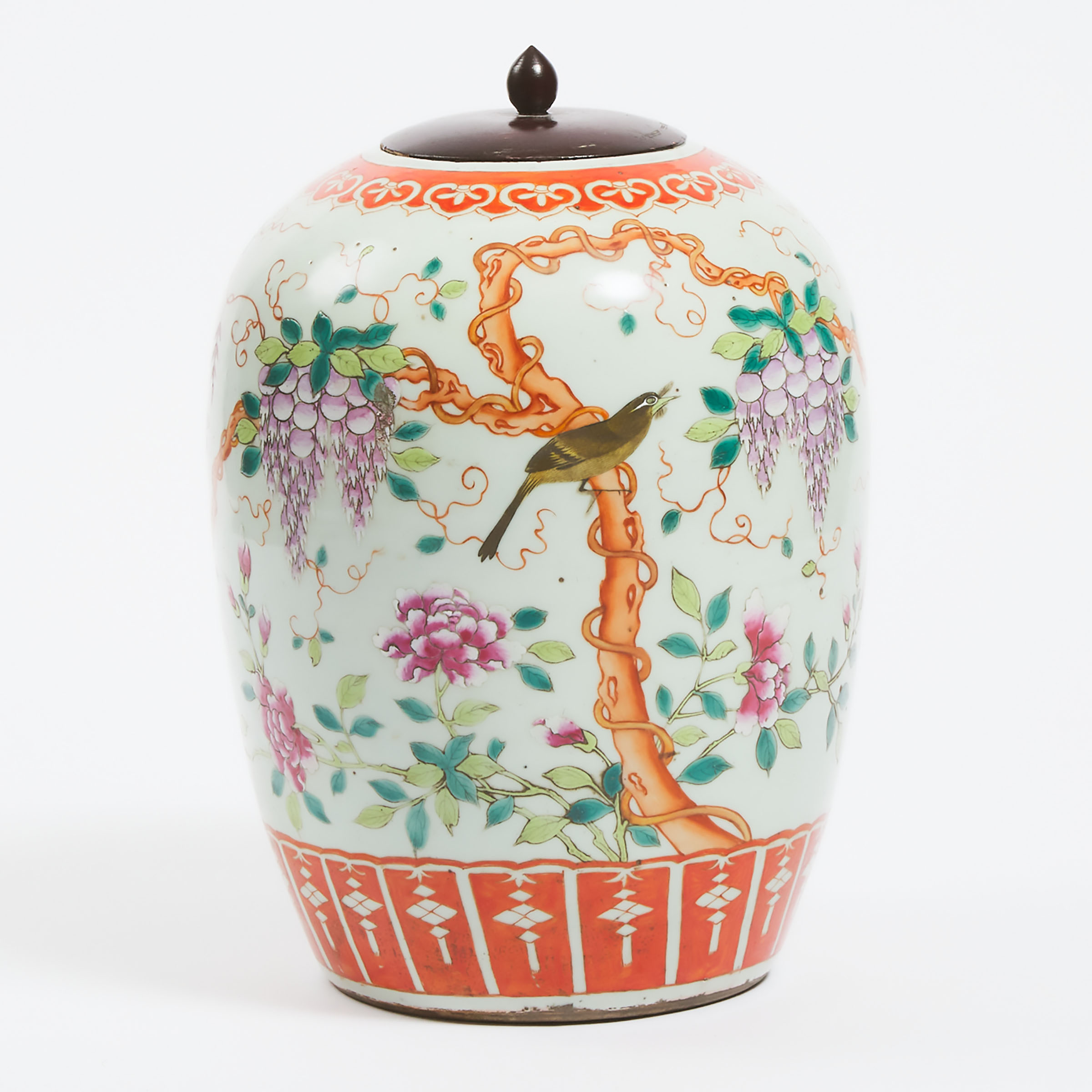 An Iron Red and Enamel Decorated 'Birds and Grapes' Lidded Jar, Republican Period