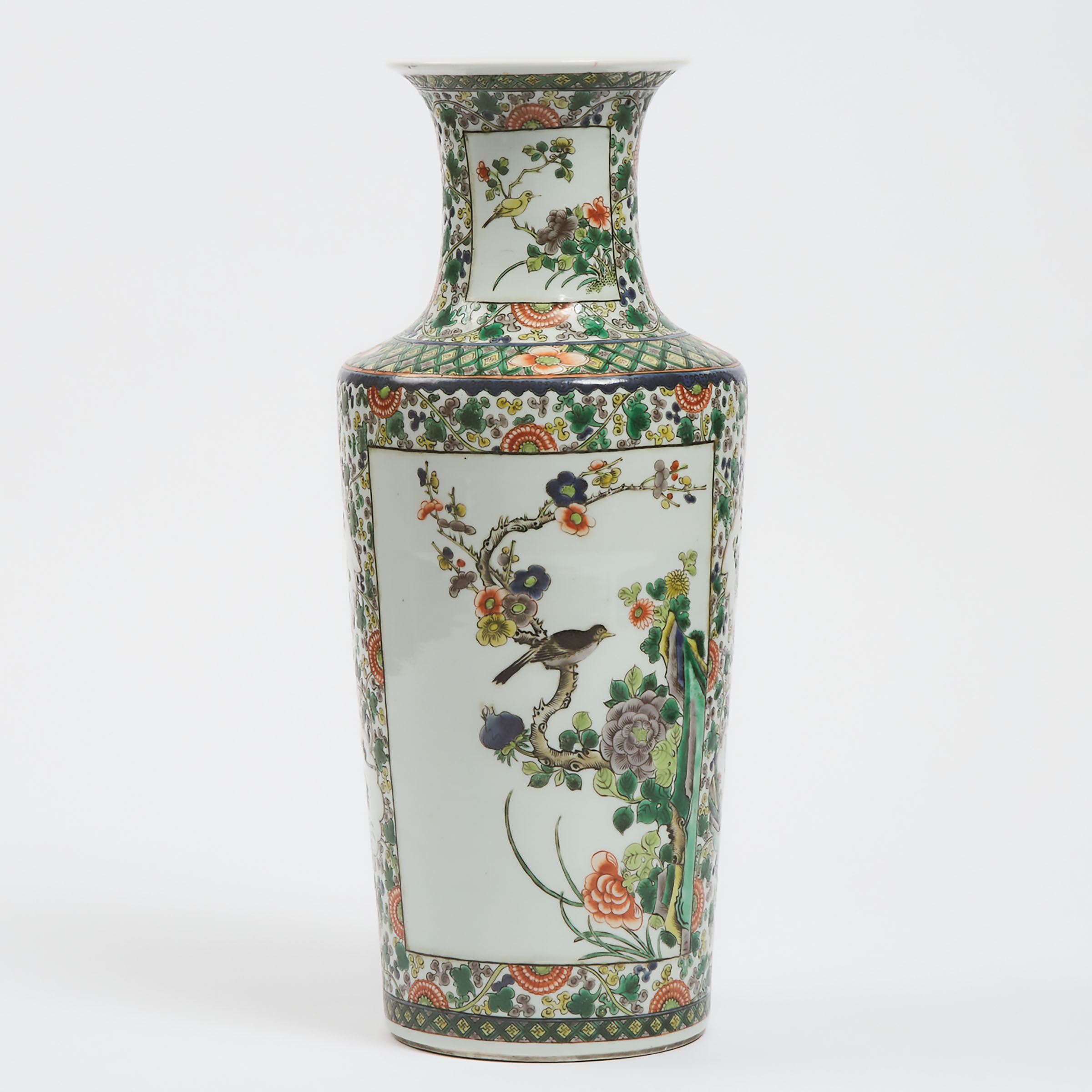 A Chinese Wucai 'Birds and Flowers' Rouleau Vase, 19th Century