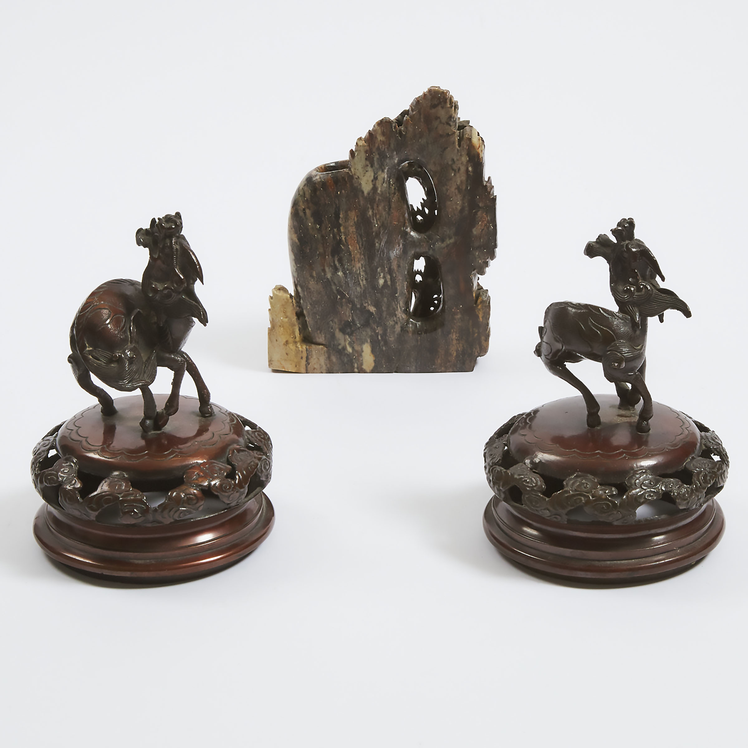 Two Japanese Bronze Lids with 'Kirin' Finials, Together With a Soapstone Carved Vase