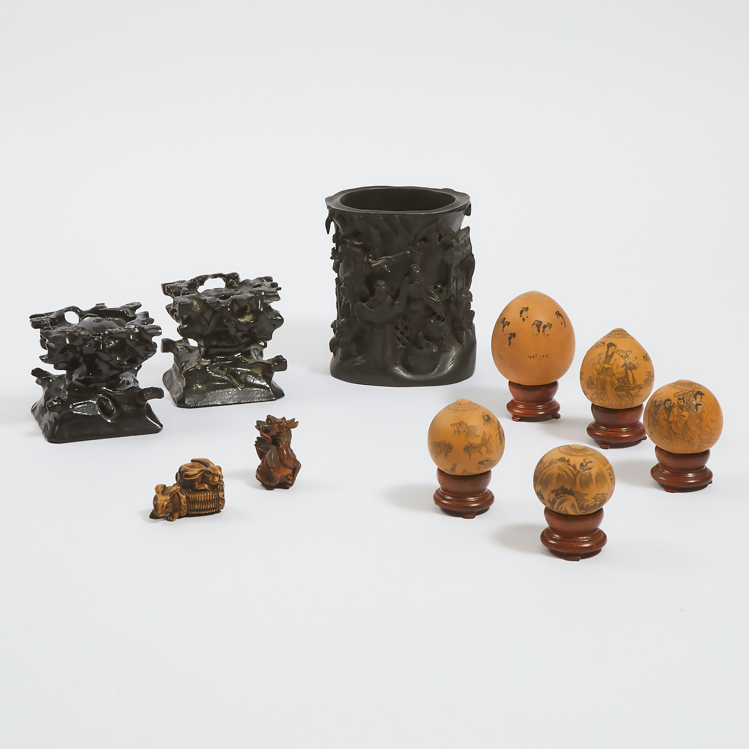 A Chinese Carved Hardwood Brushpot, Together with Five Gourd Carvings, Two Toggles, and a Pair of Stands