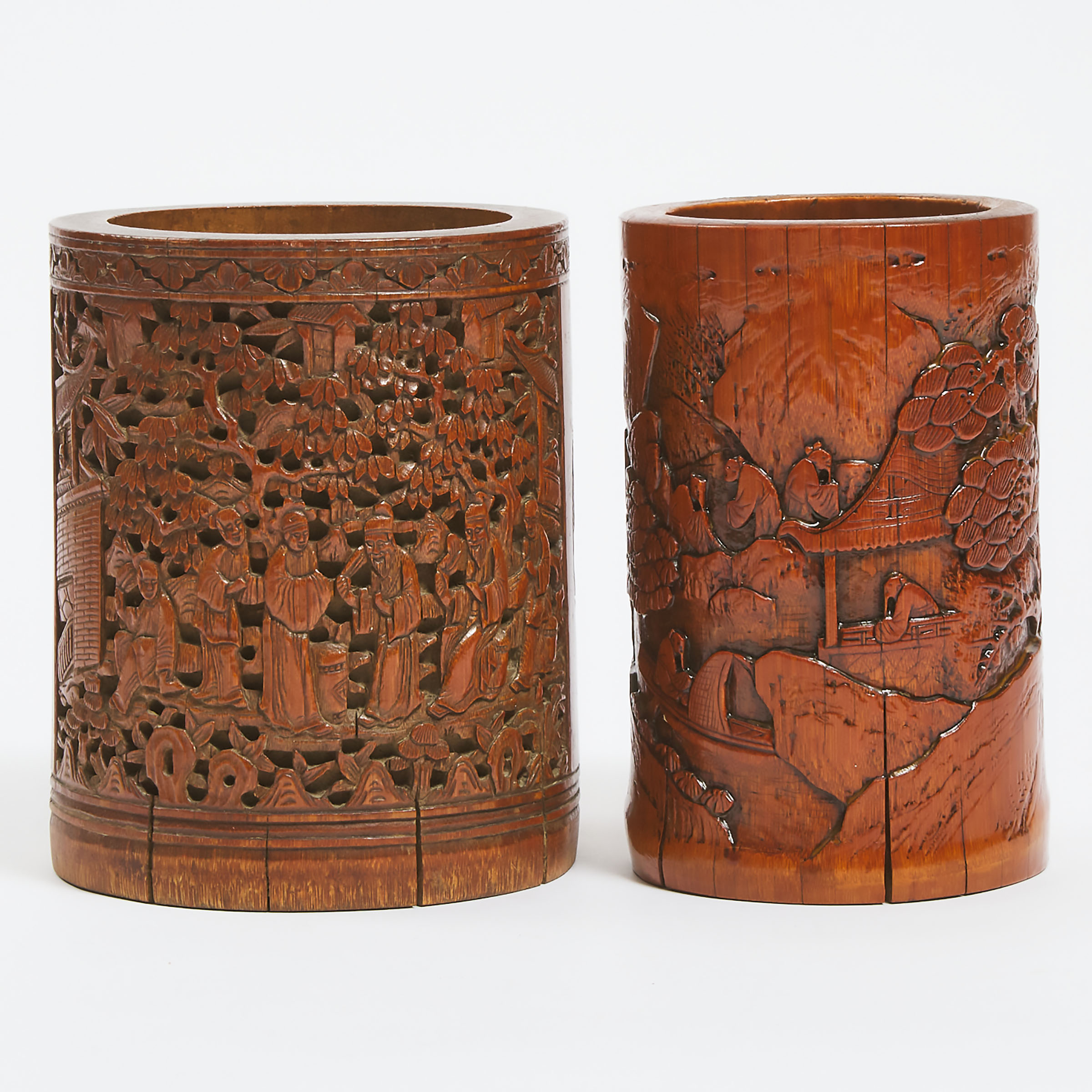 Two Carved Bamboo Brush Pots