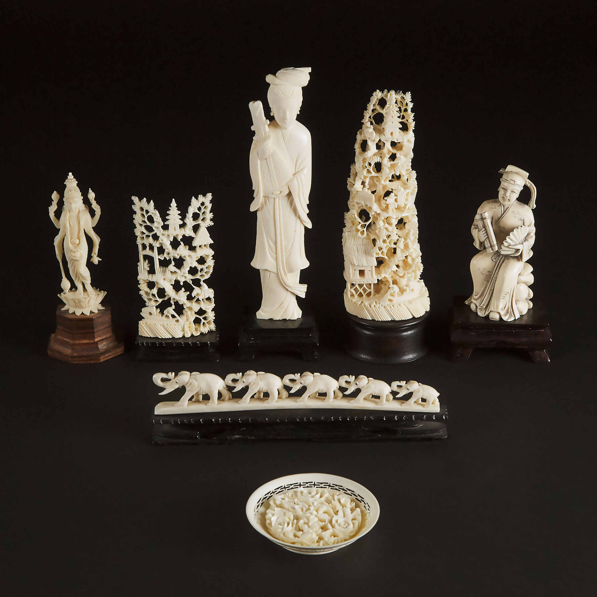 A Group of Five Chinese Ivory Carvings, Together With Two Indian Ivory Carvings