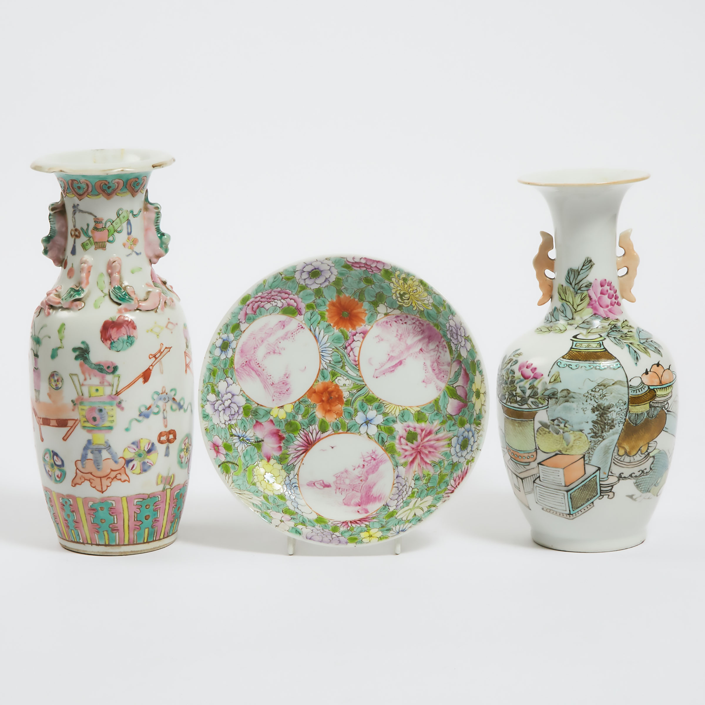 A Famille Rose 'Medallion' Dish, Jurentang Mark, Together With Two Vases, 19th Century and Later