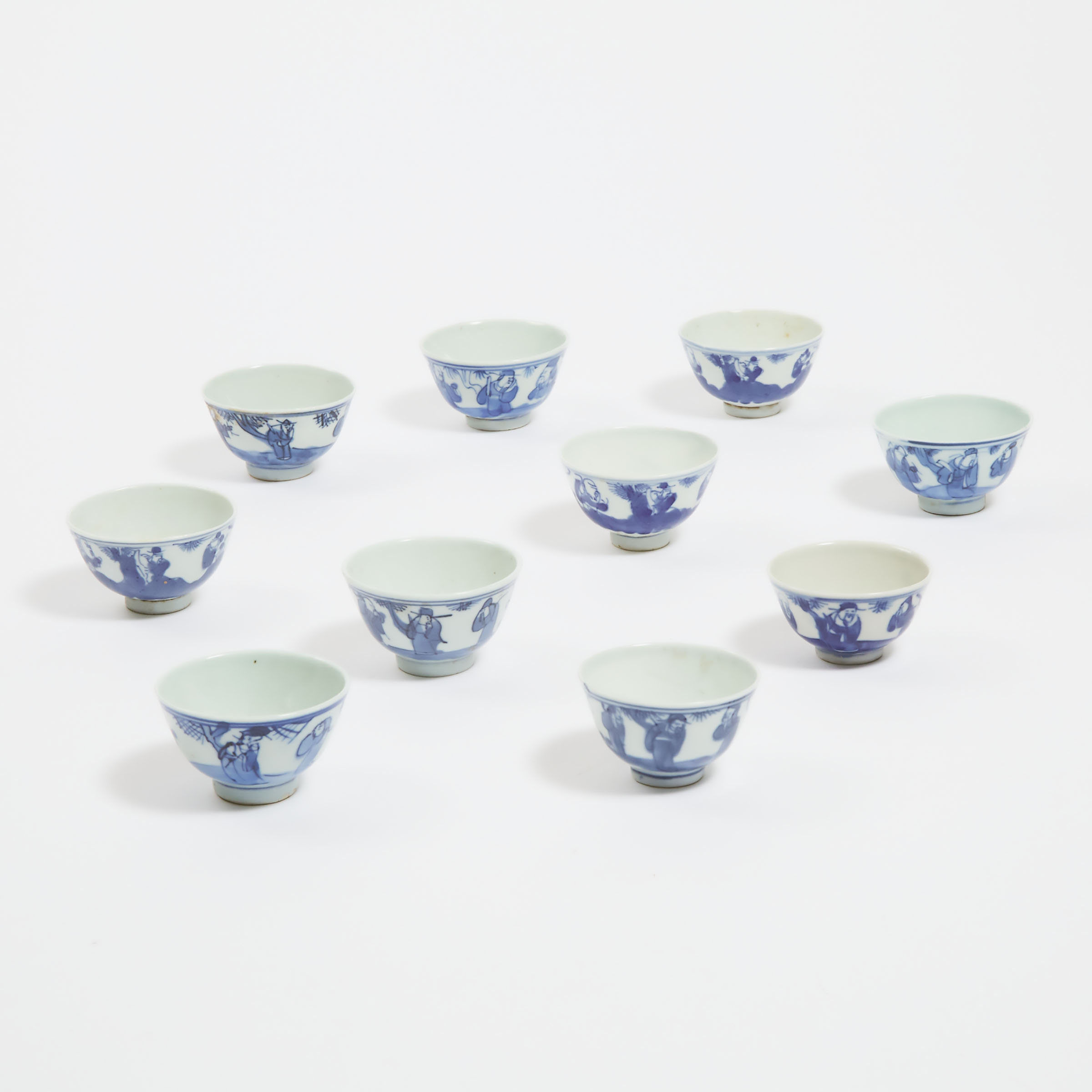 A Group of Ten Blue and White 'Fu Lu Shou' Cups, 19th Century
