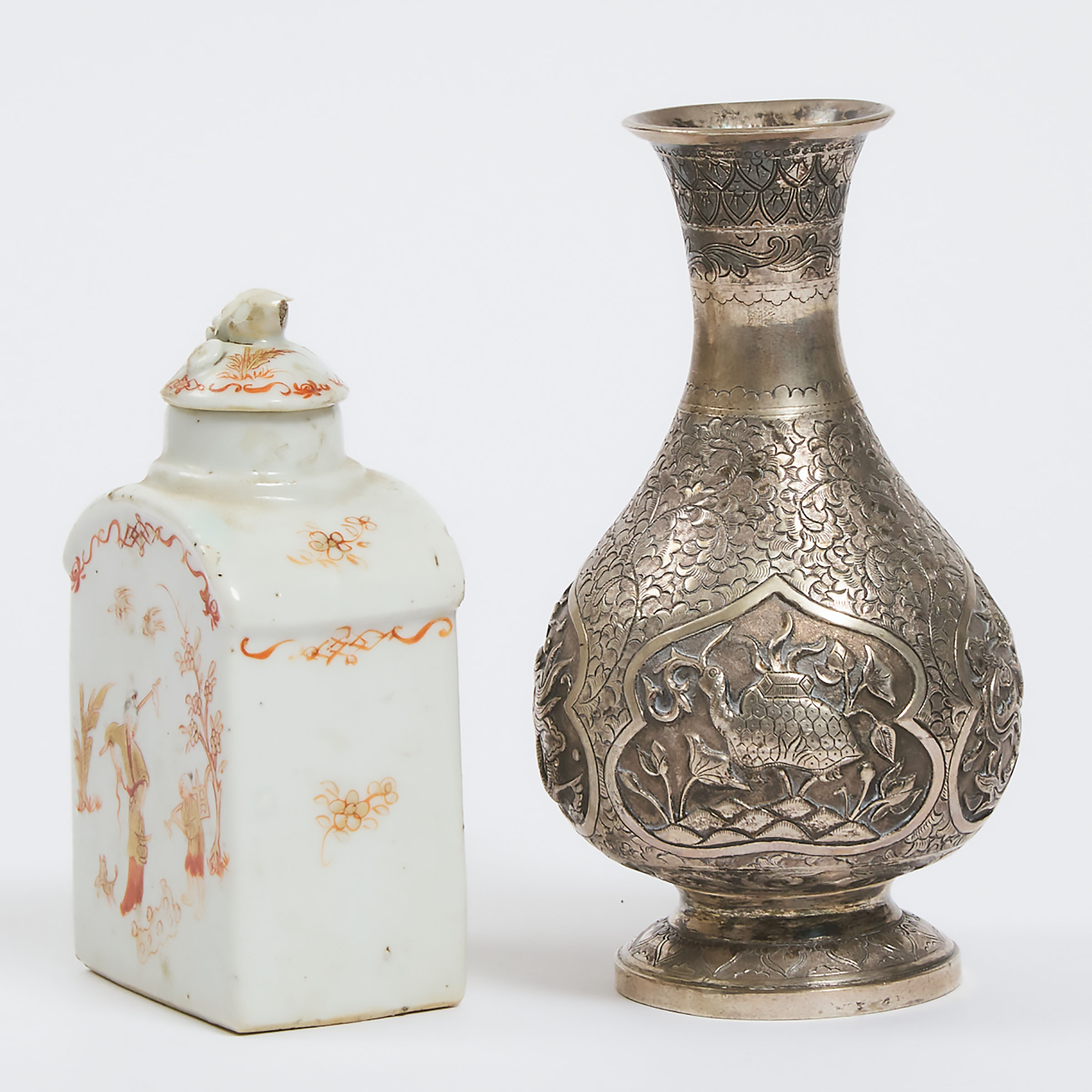 An Iron Red and Gilt Decorated Tea Caddy, Together With a Chinese Silver Vase, 18th Century and Later