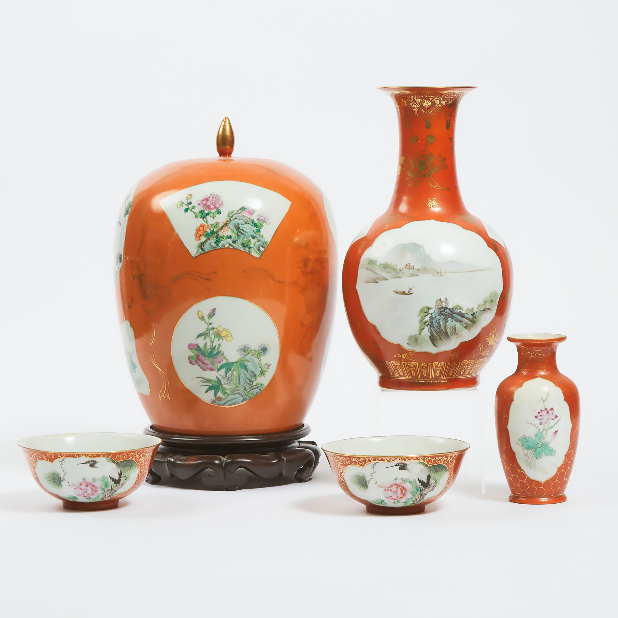 A Group of Five Chinese Coral-Ground Porcelain Wares, Mid 20th Century