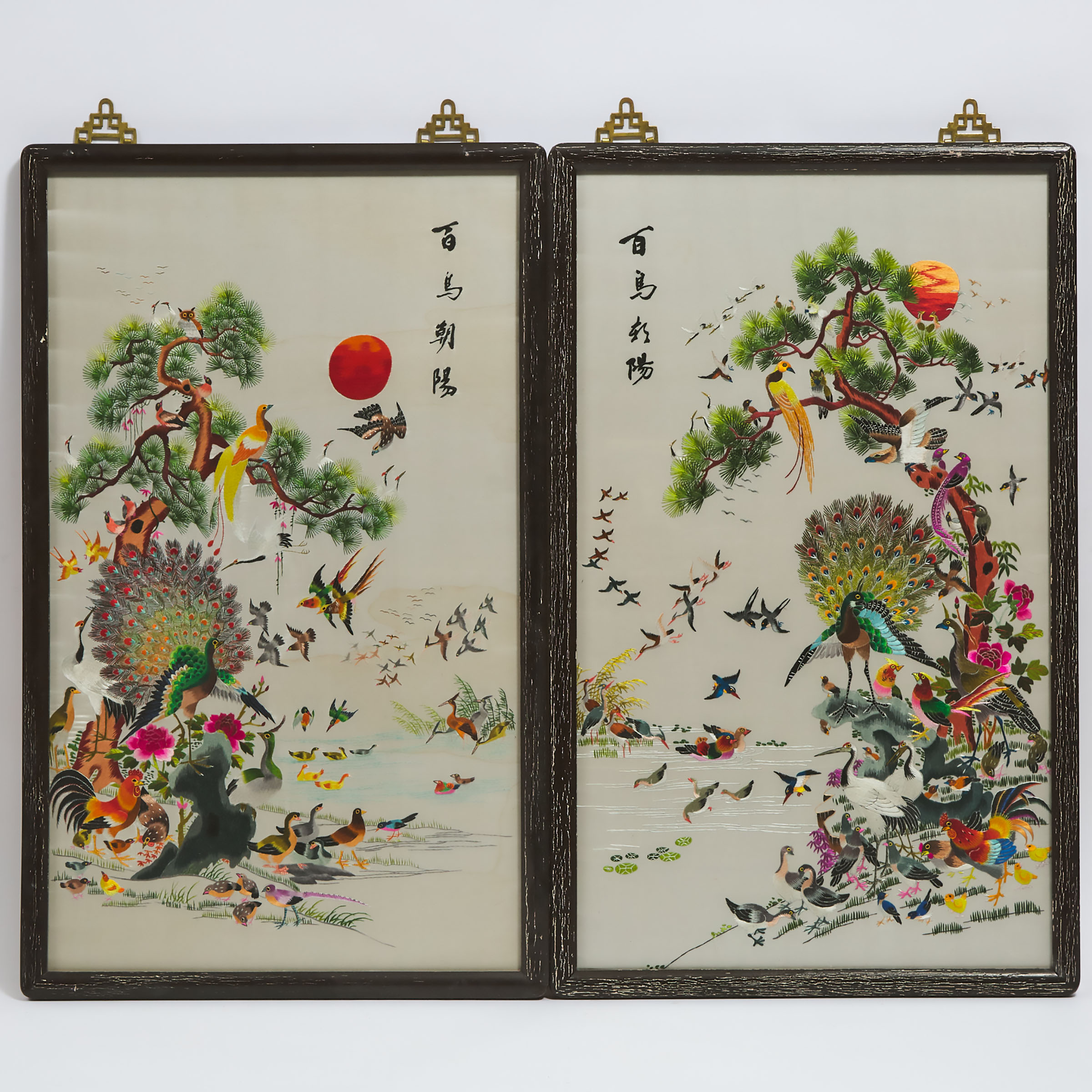 A Pair of Silk Embroidered 'Hundred Birds' Panels, Mid 20th Century