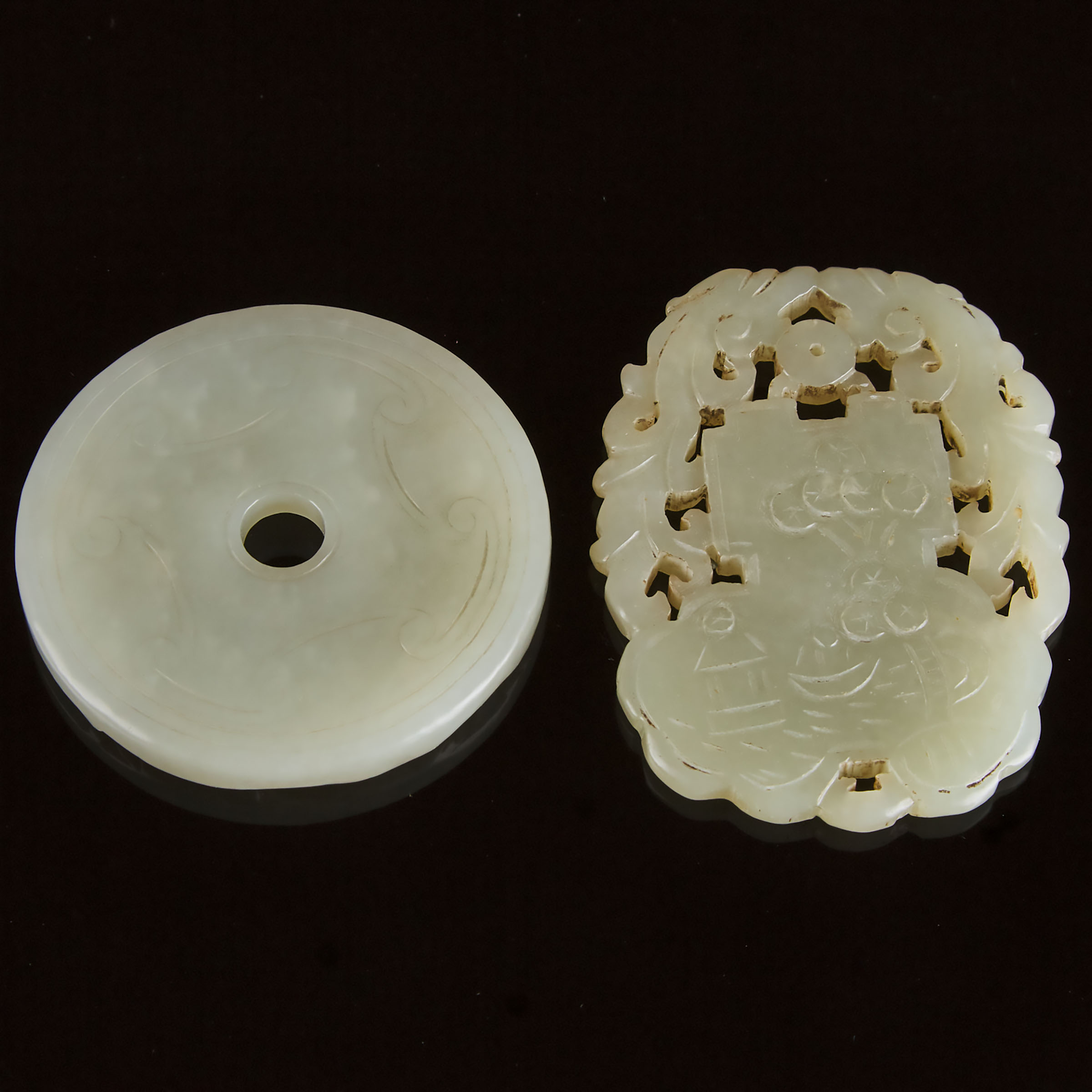 A White Jade 'Chilong' Bi Disc, Together With a White Jade Plaque