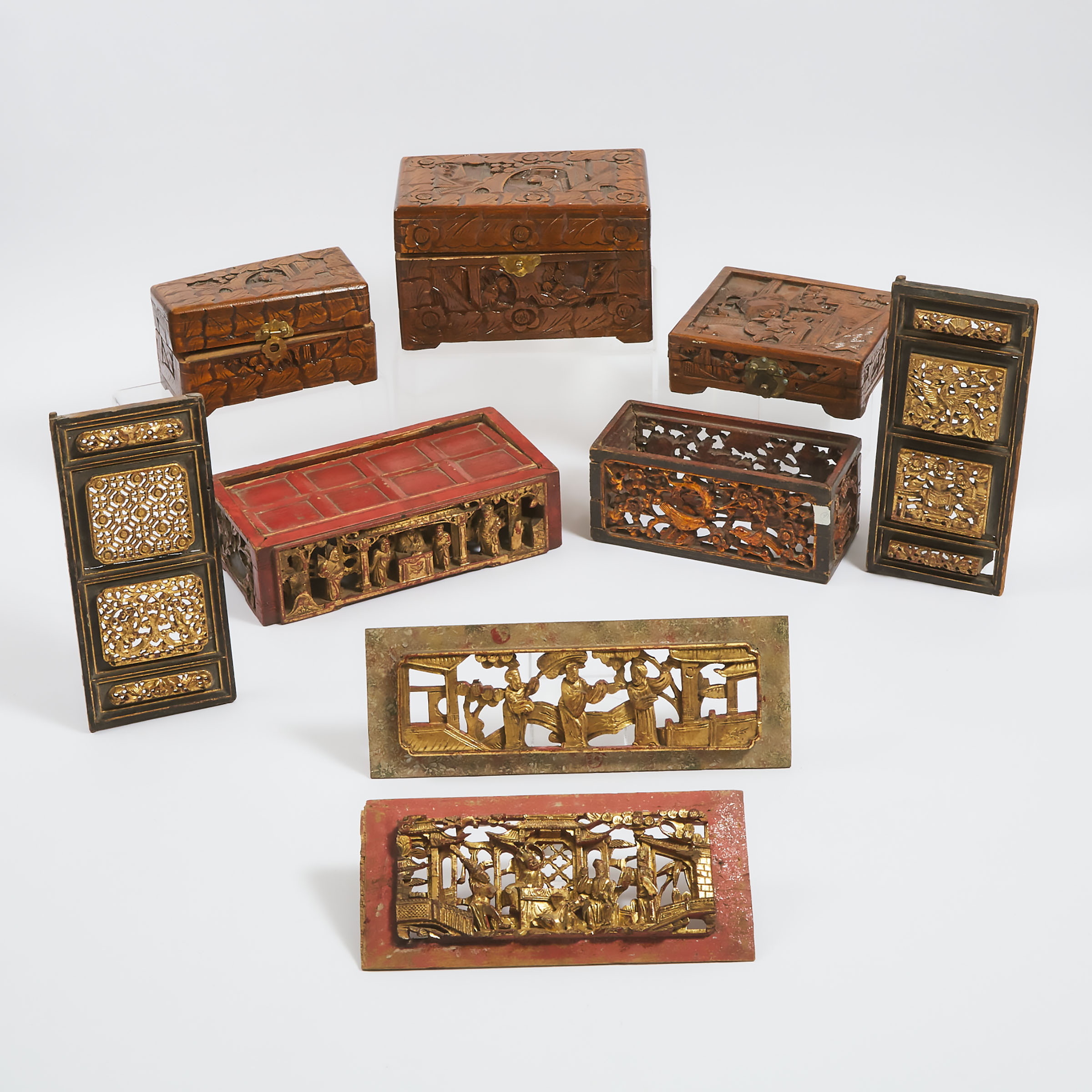 A Group of Nine Chinese Gilt and Wood Carved Panels and Boxes, 19th Century and Later