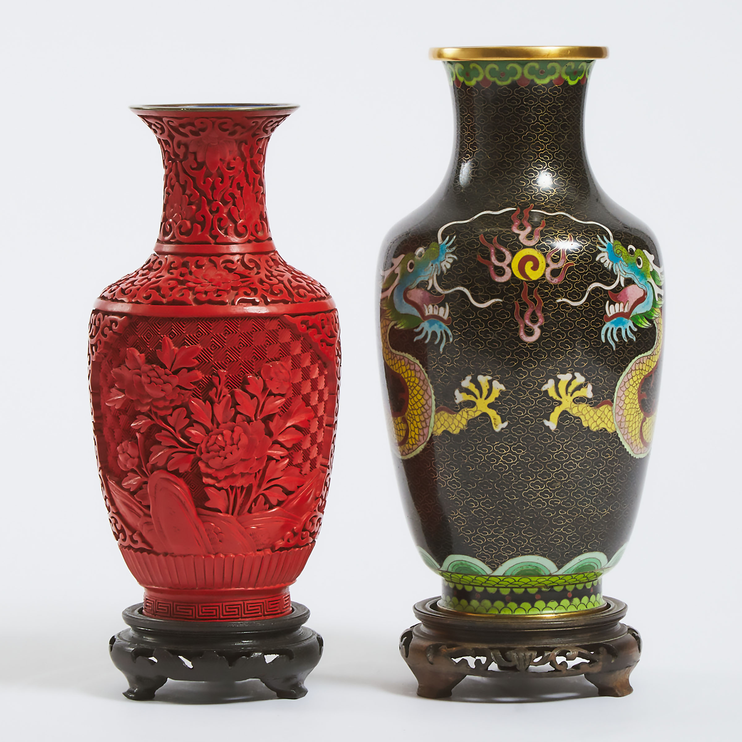 A Chinese Lacquer Vase, Together With a Black Ground Cloisonné 'Dragon' Vase, Mid 20th Century