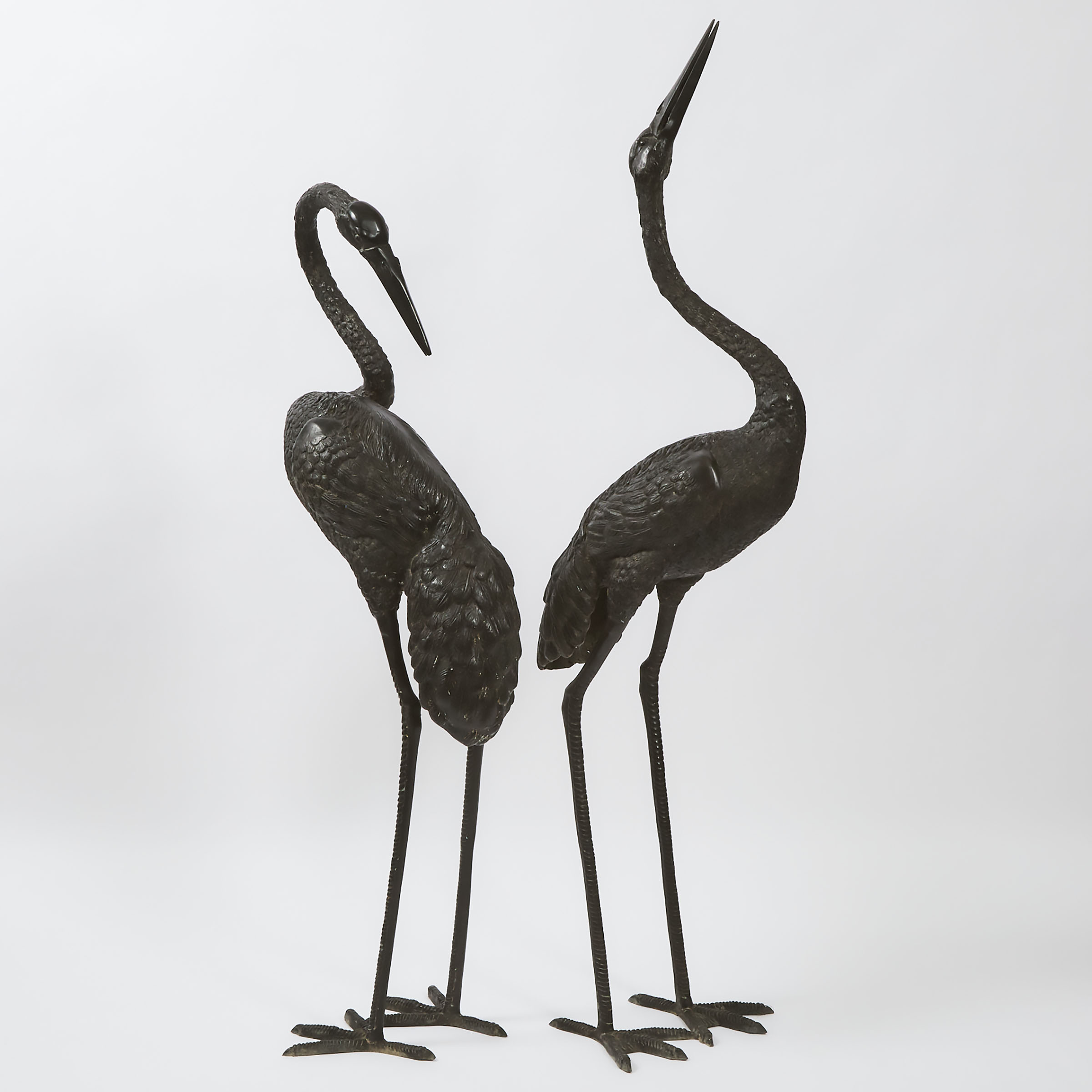 A Pair of Large Bronze Cranes, 20th Century