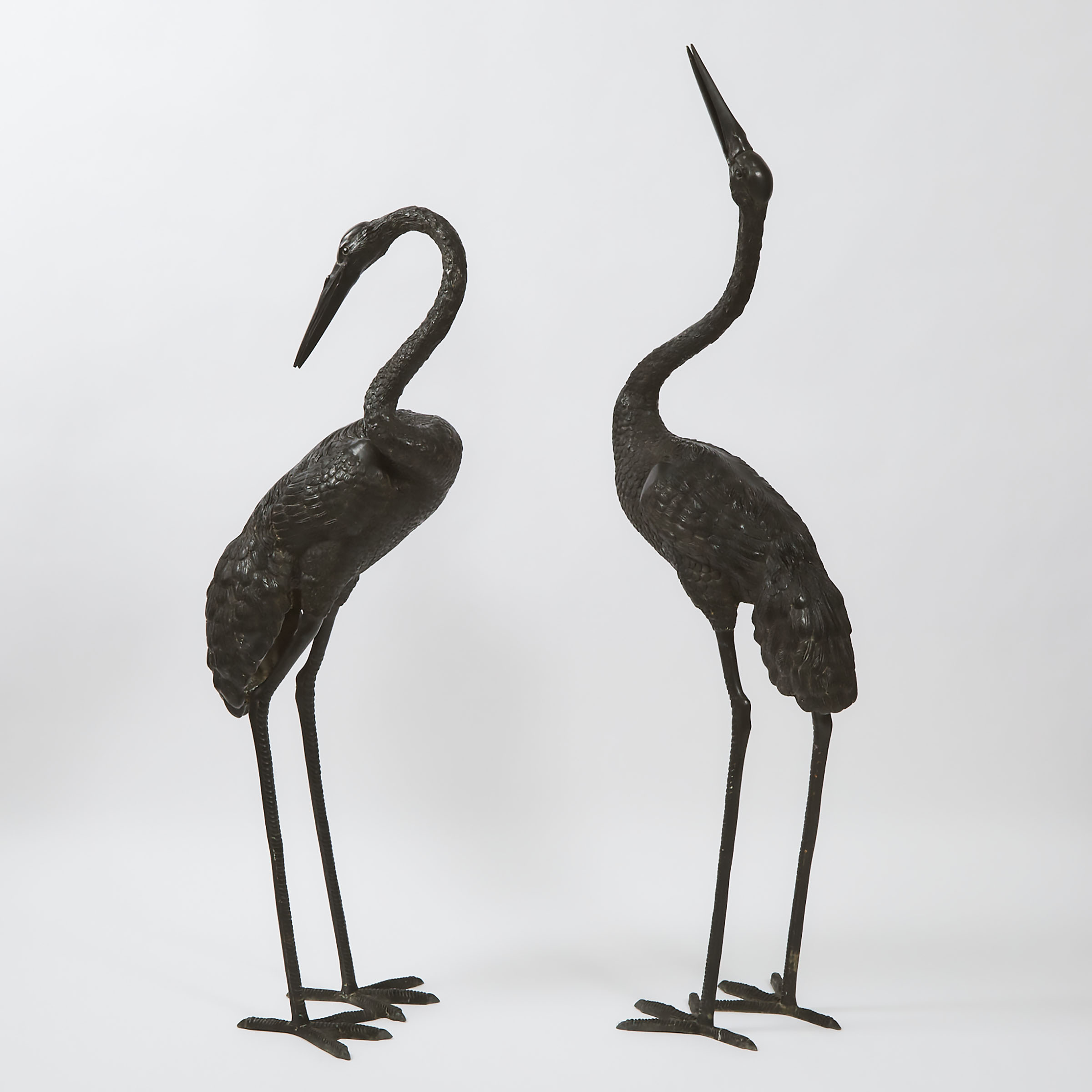 A Pair of Large Bronze Cranes, 20th Century