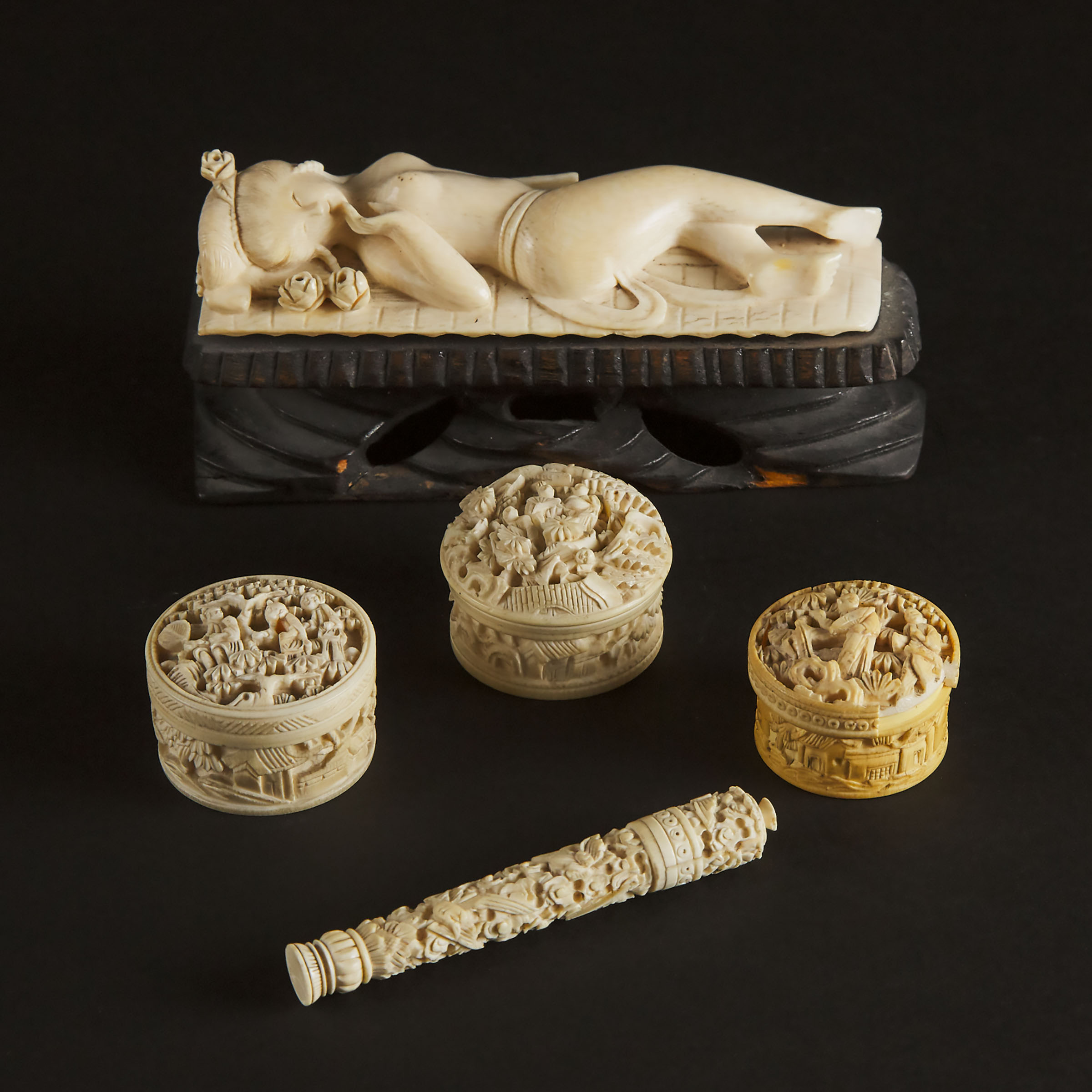 An Ivory 'Doctor's Doll' Figure, Together With Three Chinese Ivory Carved Circular Boxes, One Needle Case, and Six Mother-of-Pearl Game Counters, Circa 1900