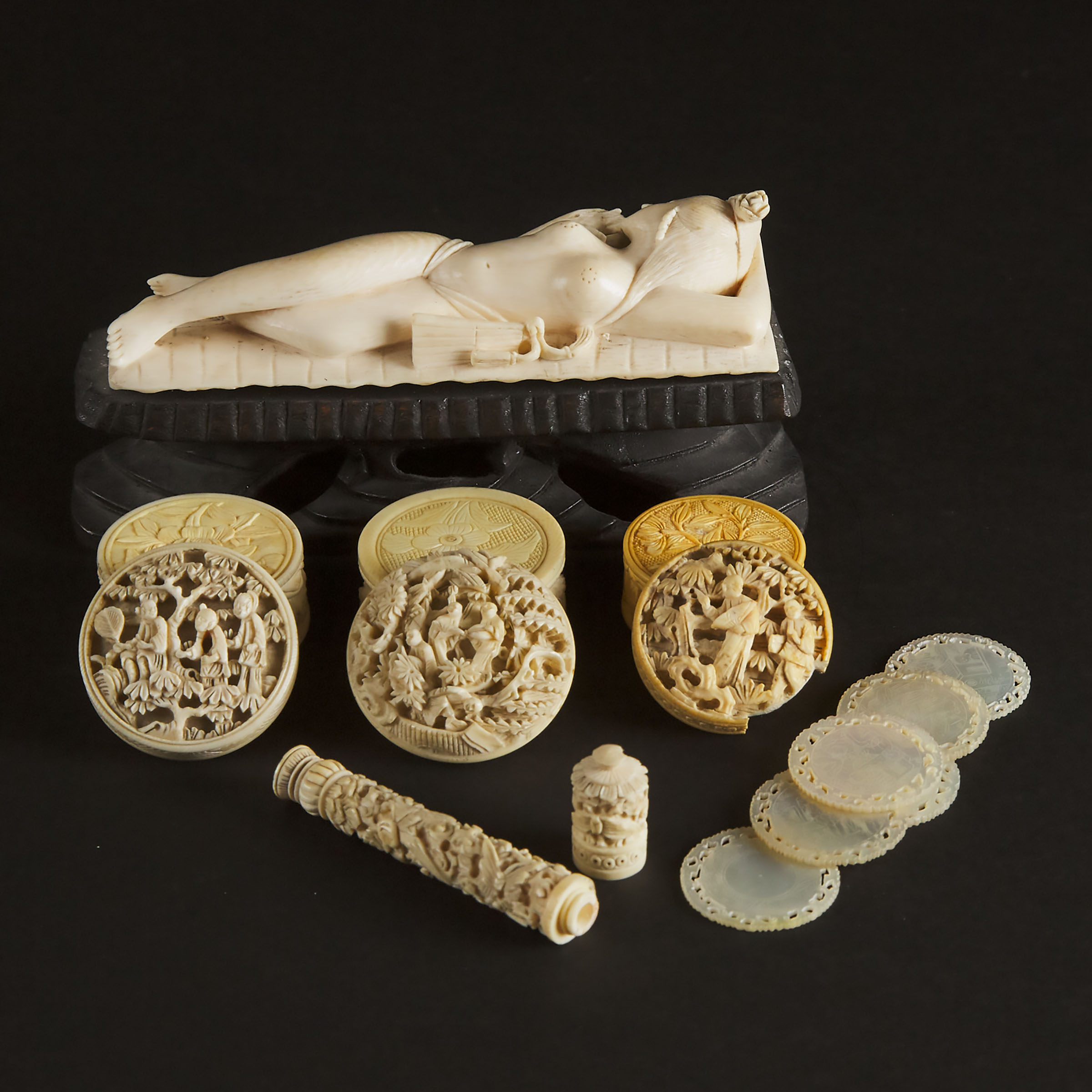 An Ivory 'Doctor's Doll' Figure, Together With Three Chinese Ivory Carved Circular Boxes, One Needle Case, and Six Mother-of-Pearl Game Counters, Circa 1900