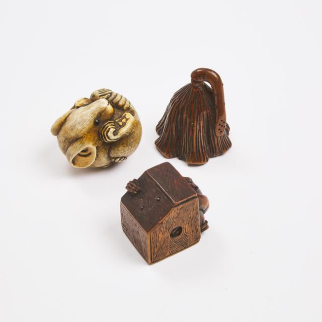 Two Boxwood Netsuke of a Lotus and an Oni in a Box, Together With an Ivory Netsuke of a Rat, 19th/Early 20th Century