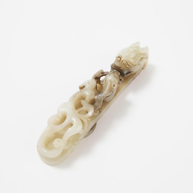 A White and Black Jade 'Dragon' Belt Hook, Late Ming/Early Qing Dynasty, 17th/18th Century