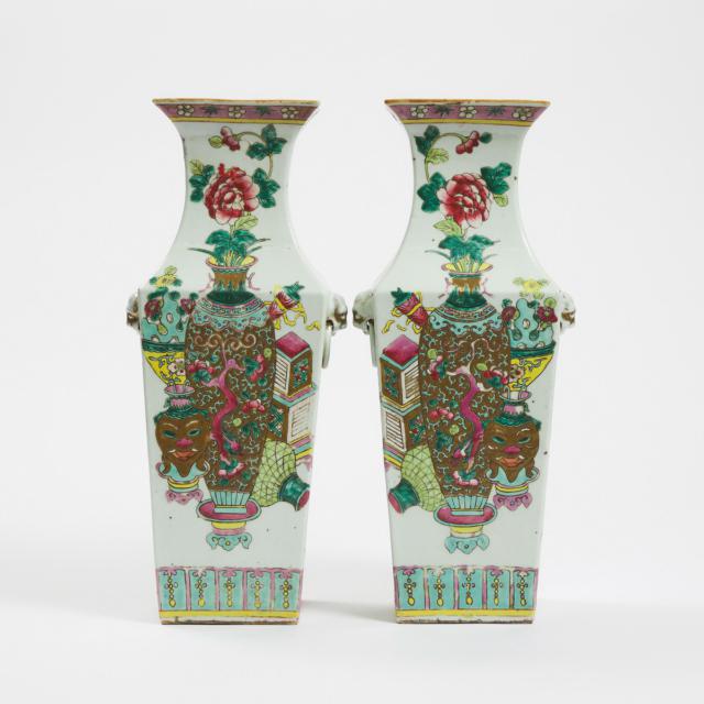 A Pair of Famille Rose 'Hundred Antiques' Square Vases, Republican Period