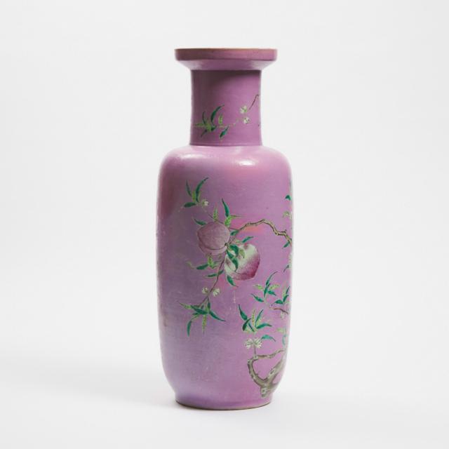 A Large Famille Rose Sgraffito Pink-Ground 'Nine Peaches' Vase, Republican Period