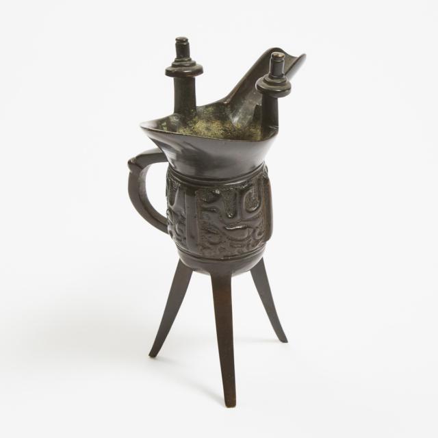 An Archaistic Bronze Ritual Tripod Wine Vessel, Jue, Early 20th Century