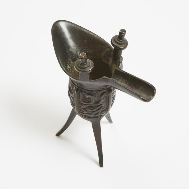 An Archaistic Bronze Ritual Tripod Wine Vessel, Jue, Early 20th Century
