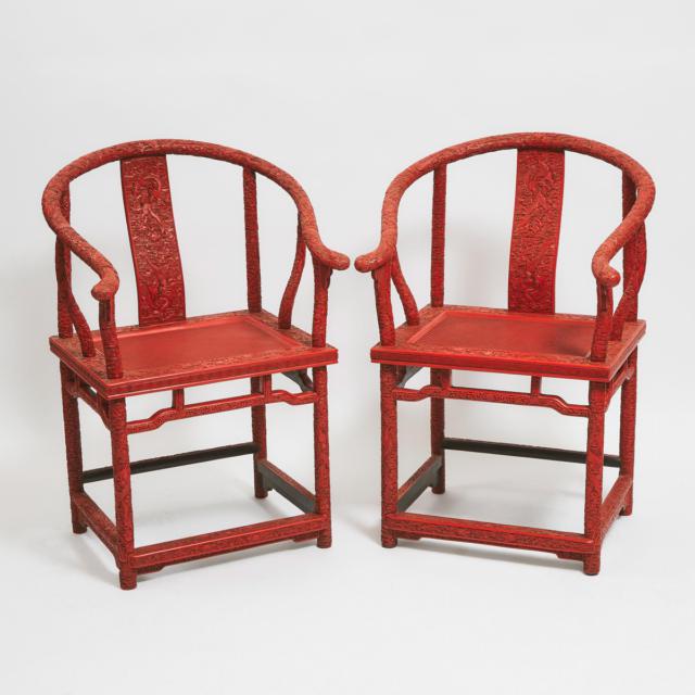 A Finely Carved Pair of Cinnabar Lacquer ‘Dragon’ Horseshoe Armchairs, Mid 20th Century