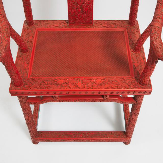A Finely Carved Pair of Cinnabar Lacquer 'Dragon' Horseshoe Armchairs, Mid 20th Century