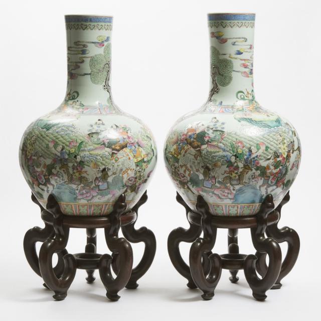 A Pair of Large Famille Rose Vases (Tianqiuping), Qianlong Mark, Mid 20th Century