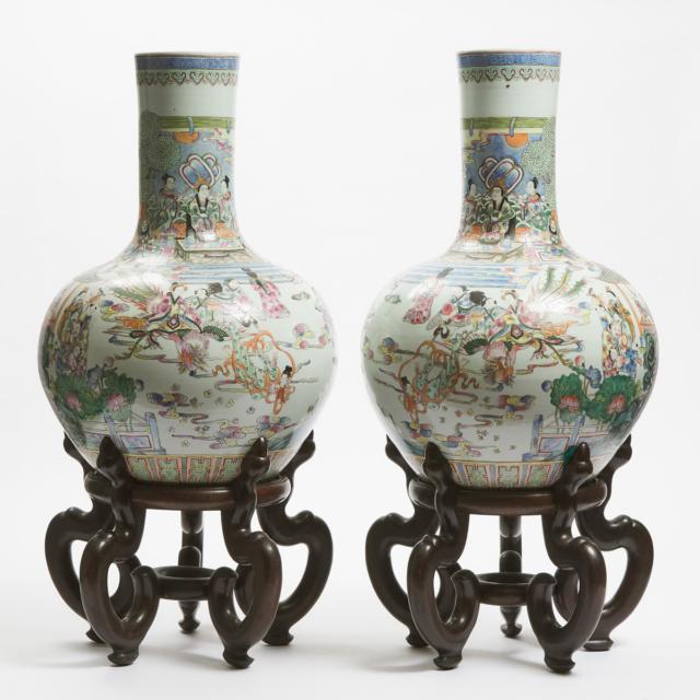A Pair of Large Famille Rose Vases (Tianqiuping), Qianlong Mark, Mid 20th Century