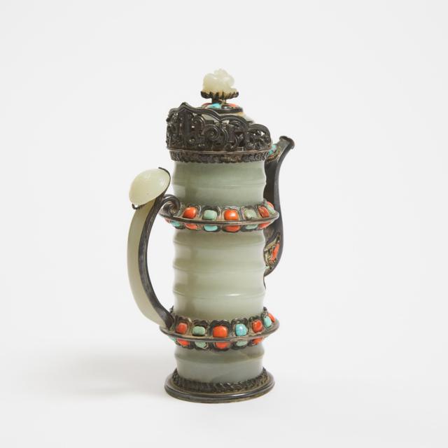 A White Jade Silver-Mounted Teapot, Together With an Ink Palette, Possibly Mongolia, 18th/19th Century