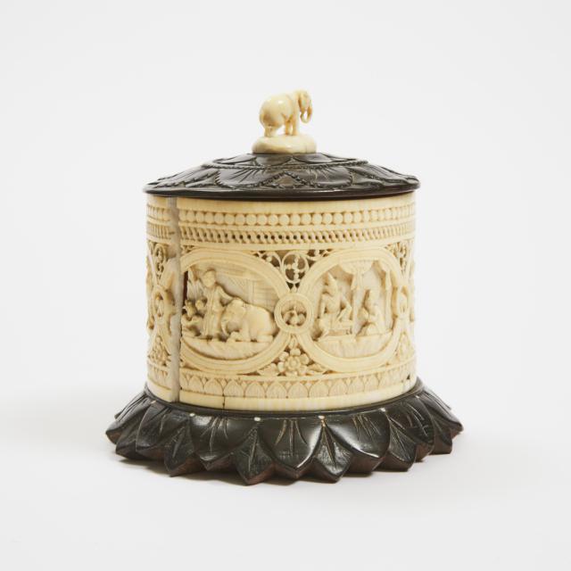 An Ivory Circular Box with Wood Cover and Stand, South/Southeast Asia, 19th Century