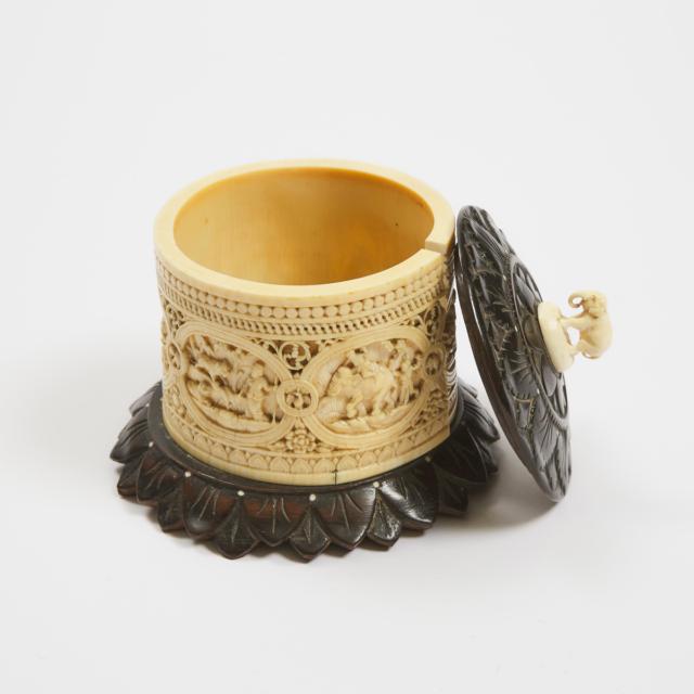 An Ivory Circular Box with Wood Cover and Stand, South/Southeast Asia, 19th Century