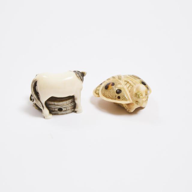 An Ivory Netsuke of a Boy Washing a Horse, Signed Kogetsu, Together With an Erotic Netsuke of a Cicada, Signed Senpo, Early to Mid 20th Century