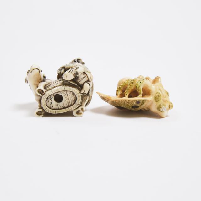 An Ivory Netsuke of a Boy Washing a Horse, Signed Kogetsu, Together With an Erotic Netsuke of a Cicada, Signed Senpo, Early to Mid 20th Century
