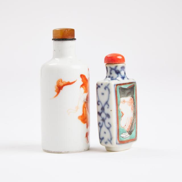 An Enameled Blue and White 'European Subject' Snuff Bottle, Together With an Iron-Red 'Zhong Kui' Snuff Bottle, 19th Century