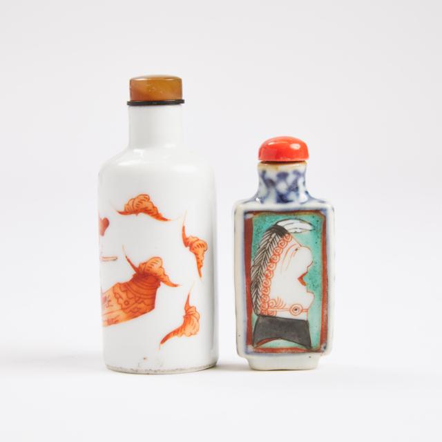 An Enameled Blue and White 'European Subject' Snuff Bottle, Together With an Iron-Red 'Zhong Kui' Snuff Bottle, 19th Century