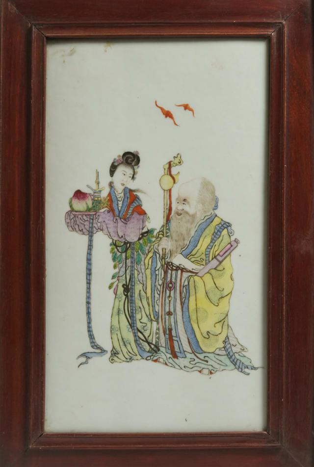 A Famille Rose Porcelain Plaque of Shoulao, Together With a Porcelain Inset Panel, Republican Period