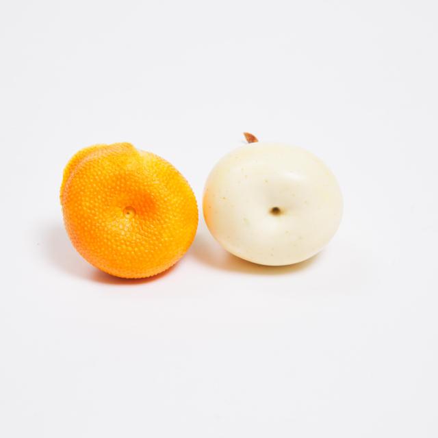 Two Carved and Stained Ivory Okimono of a Mandarin Orange and a Pear, Early to Mid 20th Century