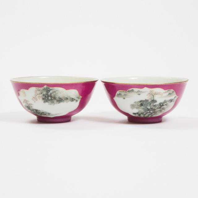 A Pair of Famille Rose Ruby-Ground Bowls, Guangxu Mark, Mid 20th Century