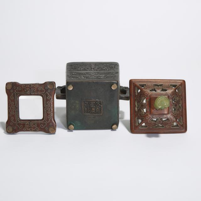 A Bronze Archaistic Square-Section Censer, Cover and Stand, 18th Century or Later