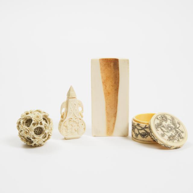 A Group of Four Chinese Ivory Items, 19th/Early 20th Century