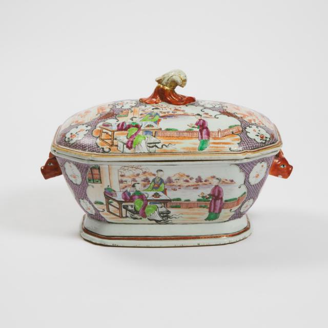 A Set of Six Chinese Export Famille Rose 'Figural' Platters and Tureen, Qianlong Period, Late 18th Century