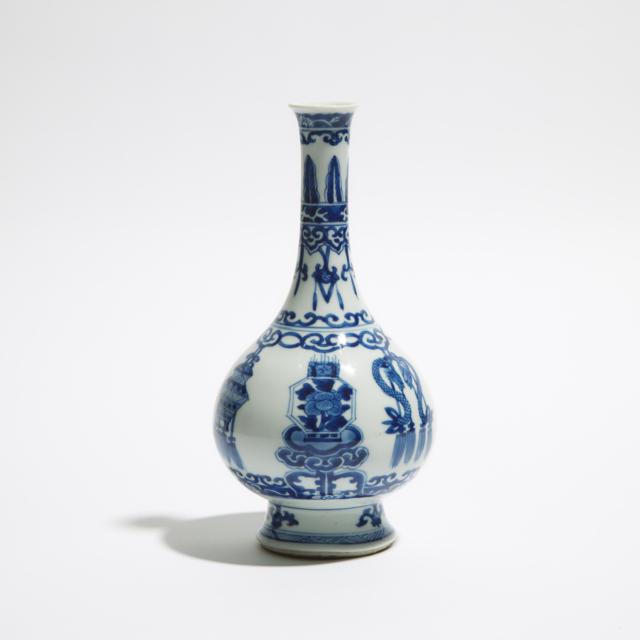 A Blue and White 'Hundred Antiques' Bottle Vase, Kangxi Period (1662-1722)